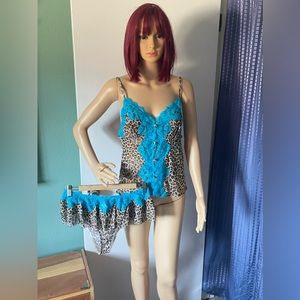 Women Sexy Leopard Print Mesh Blue Lace Lingerie Pajamas Sleepwear Night Set L